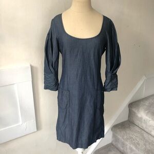 Diesel Plus Blue Chambray Cotton Denim Scoop Neck Pleated Sleeve Dress EUC Sz XS